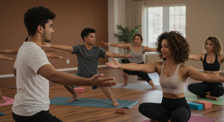Un gruppo di persone pratica yoga insieme in uno studio, seguendo un istruttore mentre esegue una posizione seduta con le braccia distese.