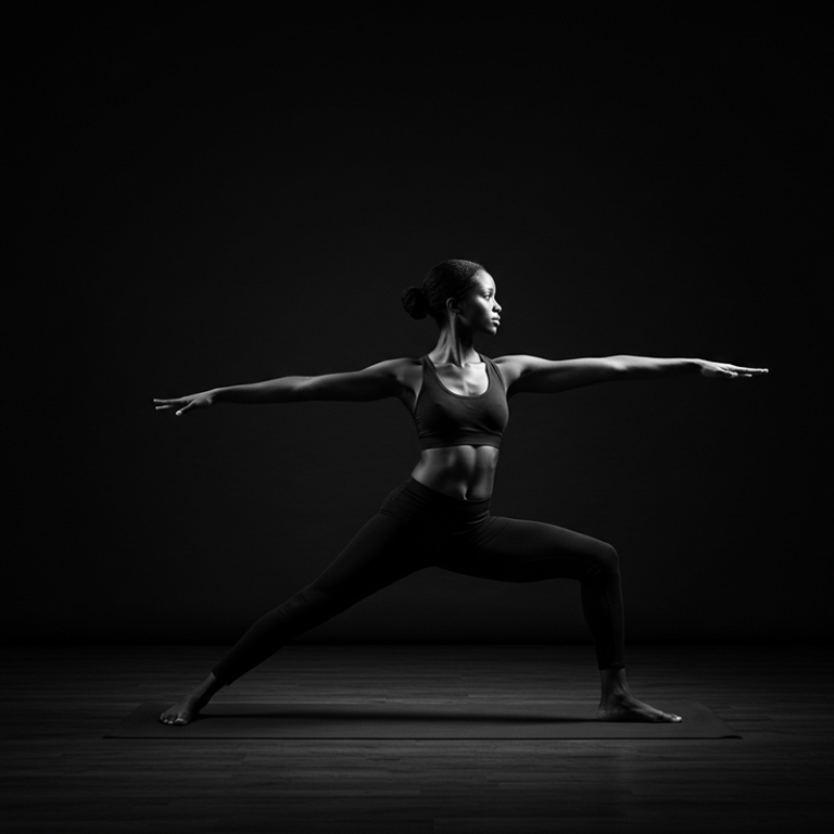 Una donna in tenuta sportiva pratica la posizione del Guerriero II su un tappetino in uno studio poco illuminato, abbracciando l'equilibrio di Yoga e Alimentazione per il benessere generale.