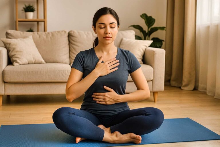 Donna seduta a gambe incrociate su un tappetino da yoga in un salotto, con gli occhi chiusi, una mano sul petto e una sull'addome, che pratica la respirazione profonda.